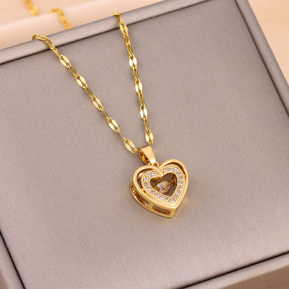 Double-layer Love Necklace With Rhinestones Titanium Steel Pendant Fashion Jewelry Woman Valentines Day Gift